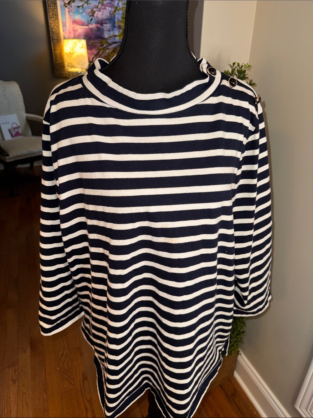Talbots Navy and White Striped Button-Shoulder Long Sleeve Top NWOT